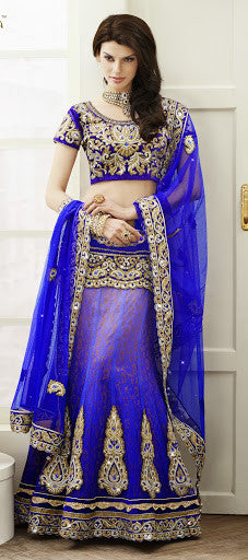 Blue Color Net Banarasi Brocade Embroidery Lehenga Choli 