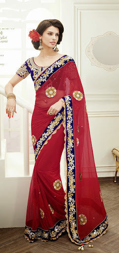 ElegancePink And Red Net Designer saree