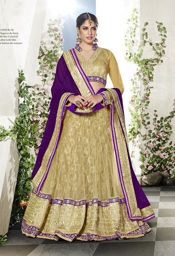 Beige And Purple Color Net Jacquard Embroidery Lehenga Choli