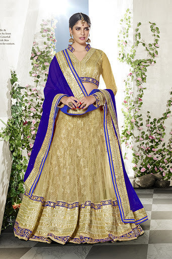 Beige And Royal Blue Color Net Jacquard Embroidery Lehenga Choli