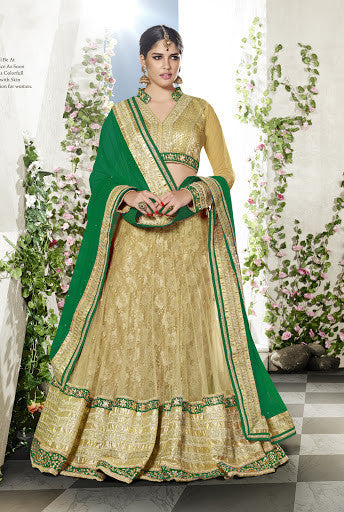 Beige And Green Color Net Jacquard Embroidery Lehenga Choli