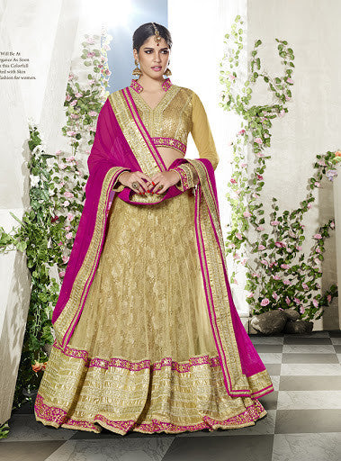 Beige And Pink Color Net Jacquard Embroidery Lehenga Choli