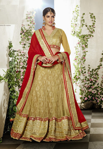 Beige And Red Color Net Jacquard Embroidery Lehenga Choli