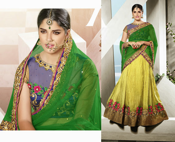 Yellow Color Crushed Art Silk With Resham Embroidery And Green Net Dupatta 