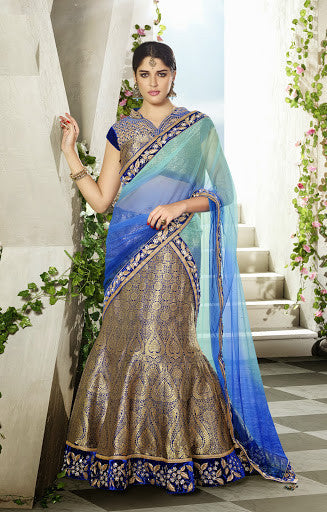 Blue And Gold Brocade Zari Stone Work With Net Dupatta 