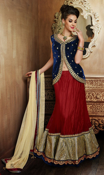 Red Lehenga and Blue Jecket designer heavy worked Lehenga Choli