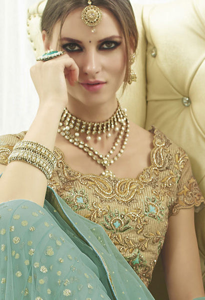 Trendy Dusty Blue Net Embroidery Lehenga Choli