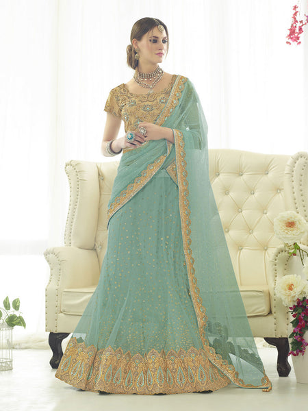 Trendy Dusty Blue Net Embroidery Lehenga Choli