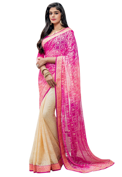 Rani and Cream Brasso Foil Work Designer Saree