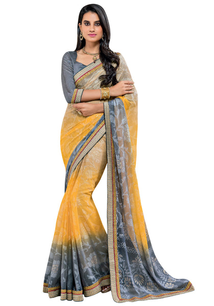 Grey and Yellow Brasso Foil Work Designer Saree