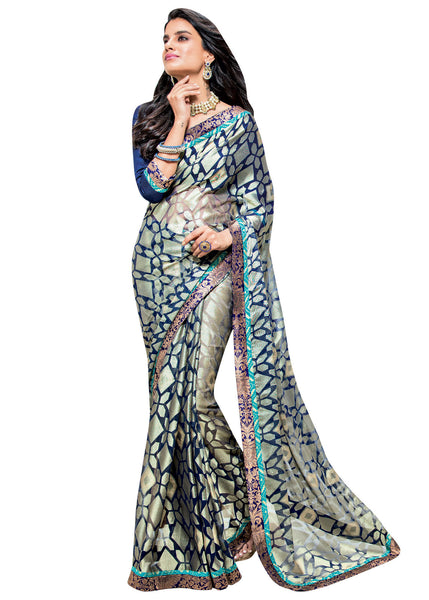 Grey and Blue Brasso Foil Work Designer Saree