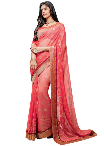 Orange Brasso Foil Work Designer Saree