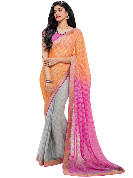 Pink , Orange and Grey Brasso Foil Work Designer Saree