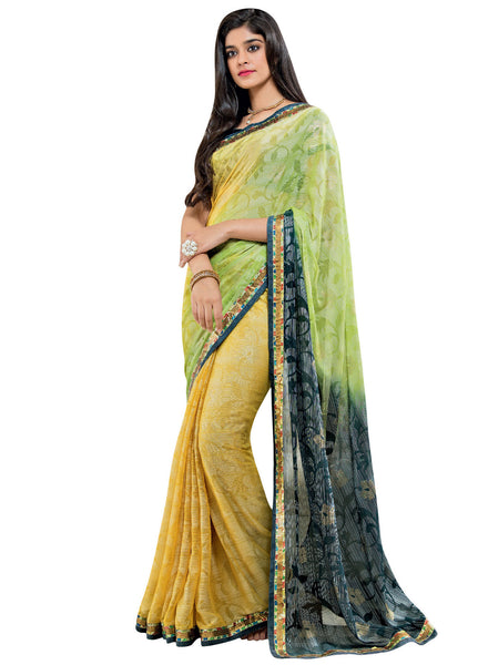 Yellow Brasso Foil Work Designer Saree