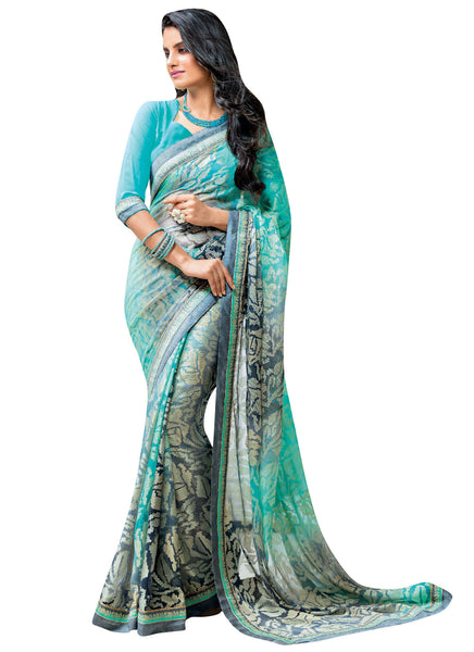 Grey and Rama Brasso Foil Work Designer Saree