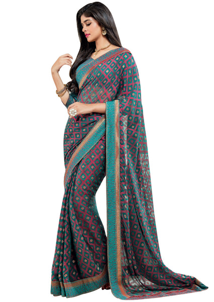 Red and Green Brasso Foil Work Designer Saree