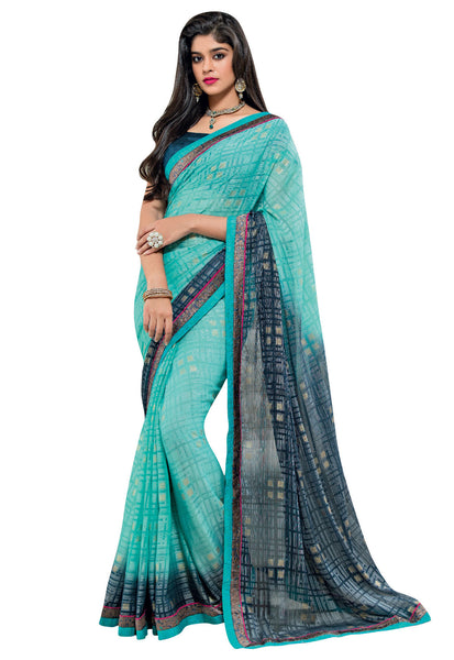 Rama and Grey Brasso Foil Work Designer Saree