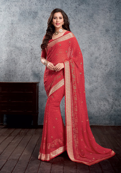 Red Color Georgette Designer Saree With Blouse