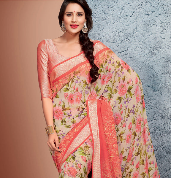 Blue Brasso Foil Work Designer Saree With Blouse