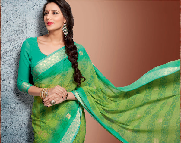 Rama and Grey Brasso Foil Work Designer Saree With Blouse