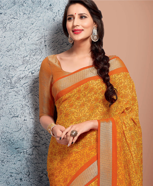 Beige Brasso Foil Work Designer Saree With Blouse