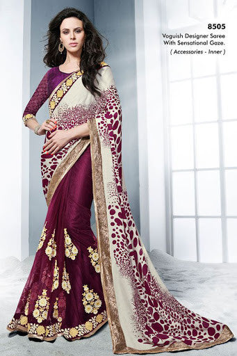 Purple Net White Faux Satin Pallu Beautiful Saree With Blouse