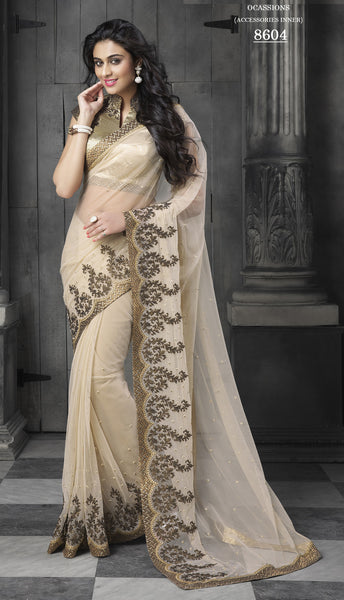 Light Beige Net Embroidery With Zari Stone Work Designer Saree