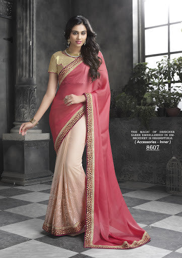 Appealing Cream And Pink Color Half -Half Designer Saree