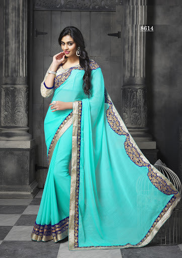 Teal Blue Faux Chiffon Embroidery With Zari Stone Work Saree