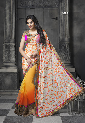 Off White And Shaded Orange Resham Stone Work Saree