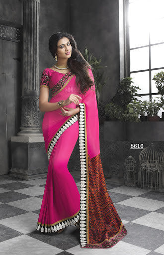 Pink And Brown Georgette Leo Print Resham Zari Work Designer Saree
