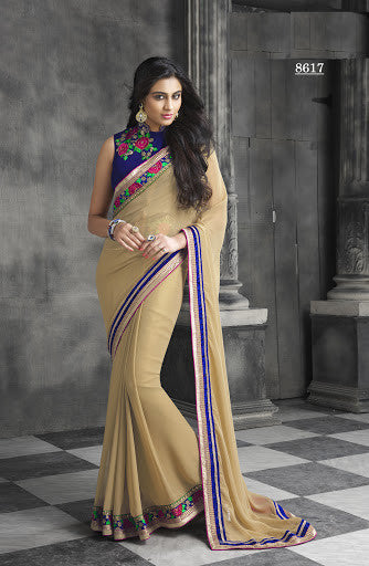 Beige Color Faux Chiffon Resham And Stone Work Designer Saree With Blouse