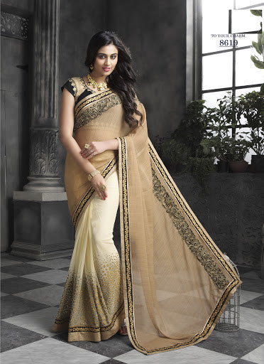 Cream And Beige faux Chiffon With Net Zari Applique Golden Print Designer Saree
