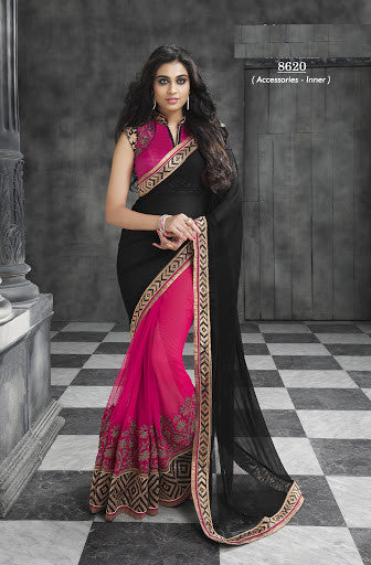 Pink With Black Color Chiffon And Net Zari Stone Work Half-Half Saree 