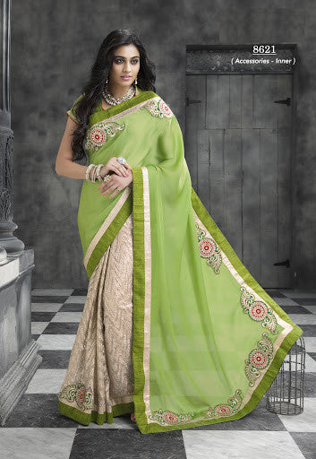 Parrot Green And Beige Color Chiffon Net Half N Half Designer Saree  