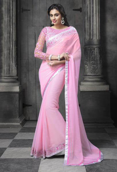 Pink Color Faux Chiffon Lace And Patch Border Work Designer Saree
