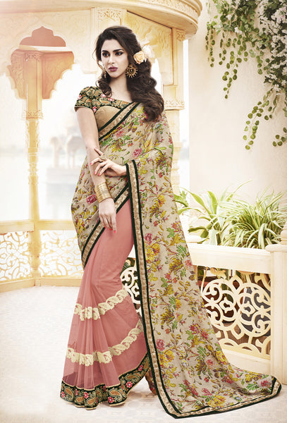 Trendy Multi Color Bhagalpuri Silk Net Thread Embroidery Half-Half Designer Saree 