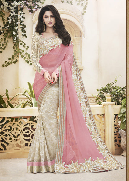 Elegant Pink And Beige Chiffon With Weaving Net Coding Thread Work Wedding Saree 