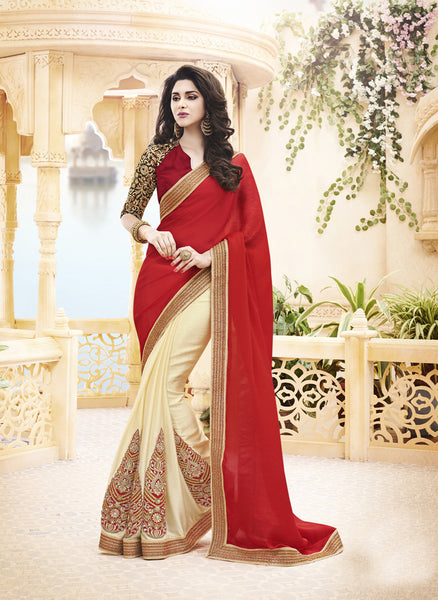 Elegance Red And Chikoo Color Satin Chiffon Embroidery Party Wear Saree