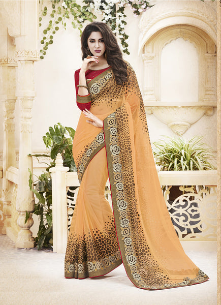 Light Orange Net Embroidery And Foiling Print Designer Saree