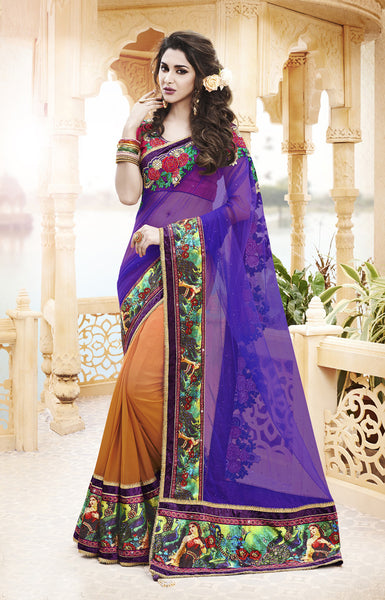 Classy Blue And Peach Color Georgette Net Digital Print With Stone Work Designer Saree