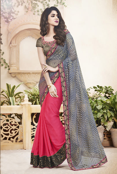 Trendy Grey And Tomato Red Embroidery Foiling Print Designer Saree 