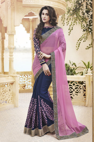 Classy Pink And Blue Chiffon Satin Embroidery With Thread Work Designer Saree 