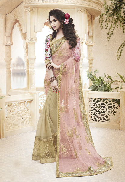 Modern Classy Look Light Pink Net Embroidery Wedding Saree