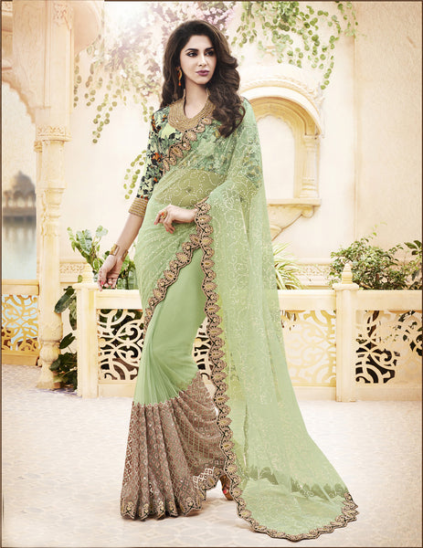 Modern Pista Green Net Glitter With Badla Work Wedding Saree