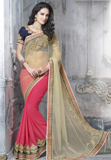 Beige And Rose Chiffon Net Embroidered Party Wear Saree