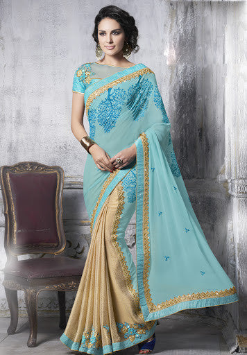 Aqua Blue And Beige Color Chiffon Jacquard Woven Embroidered Designer Saree 