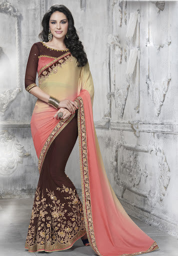 Multi Color Chiffon Net Embroidered Zari Work Party Wear Saree