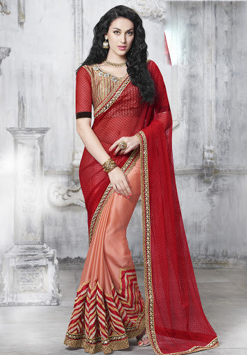 Red And Pastel Orange Net With Satin Zari Stone Work Designer Saree