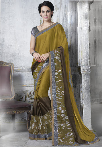 Mehandi Green Faux Georgette And Crushed Net Antique Secquins Foil Print Designer Saree 